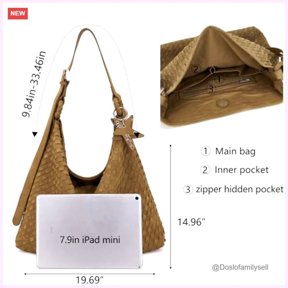 Woven Suede Hobo Tote Slouchy Shoulder Bag Large Spacious Crossbody Adjustable - Picture 4 of 7